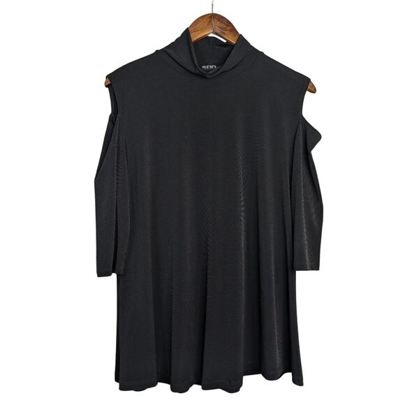 Clara Sun Woo Black Cold Shoulder Top L Mock Neck Tunic Jersey Knit Stretch - Picture 2 of 11